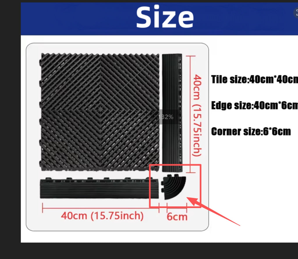 Sizes: tile 40 × 40 cm, edge ramp 40 × 6 cm, corner 6 × 6 cm