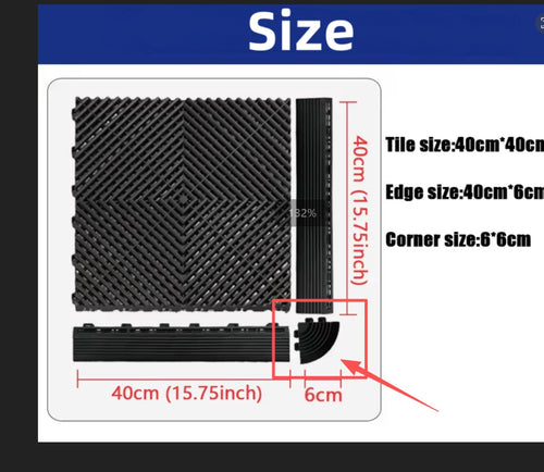 Sizes: tile 40 × 40 cm, edge ramp 40 × 6 cm, corner 6 × 6 cm