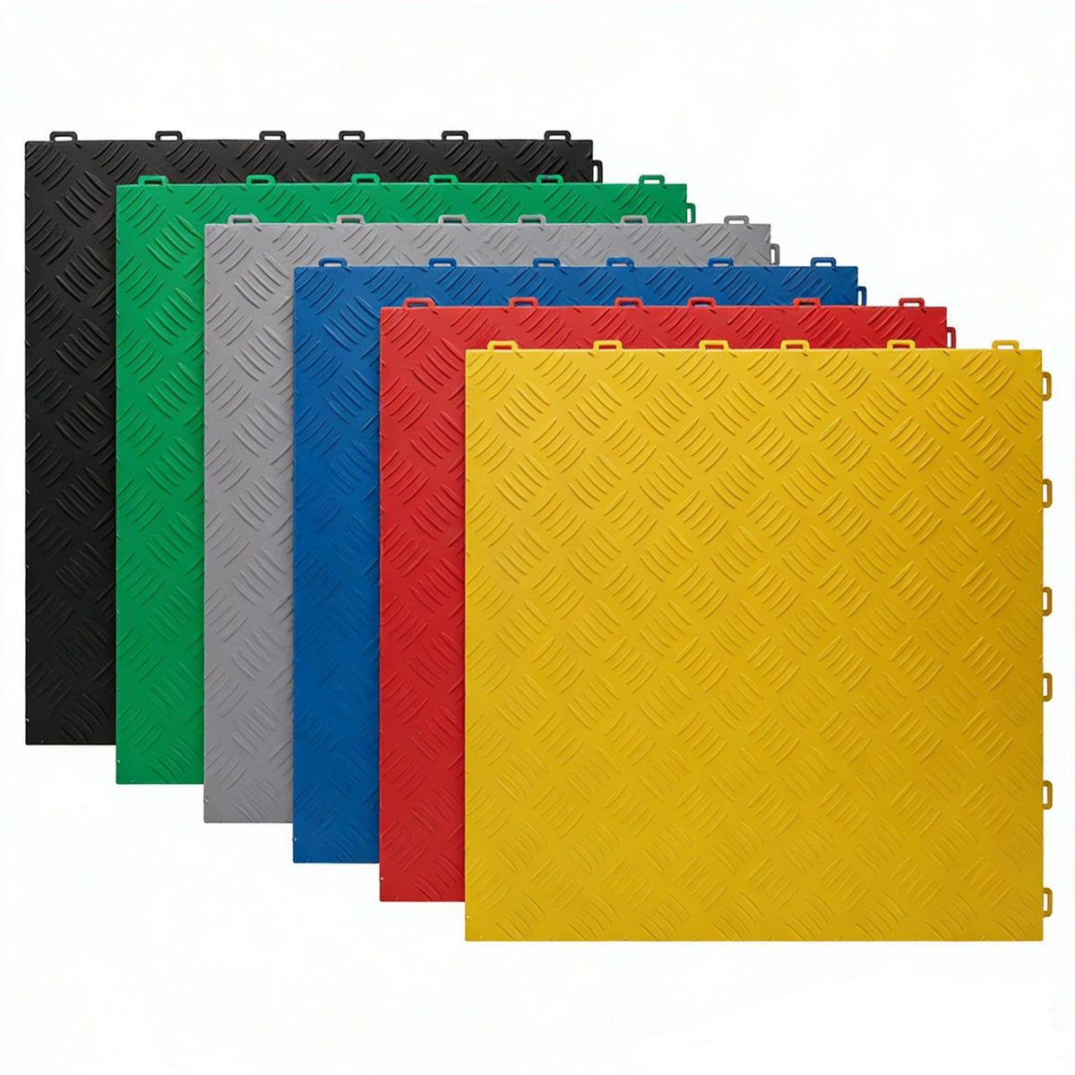 Solid checker-plate garage floor tiles in six colours